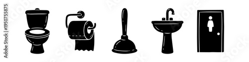 Set of black bathroom icons including toilet, toilet paper, plunger, sink, and restroom door sign. Minimalist flat vector design for public facilities, plumbing, and hygiene services.