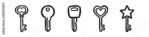 Set of five hand-drawn sketchy key icons including skeleton, modern, heart, and star shapes. Minimalist black and white doodle illustration for conceptual design and creative projects.