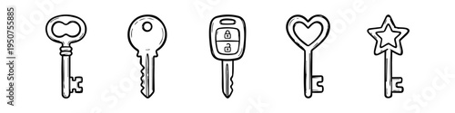 Hand-drawn set of diverse keys including vintage, house, car, heart, and star shapes. Black and white doodle style icons representing security, access, and love. Isolated on white background.