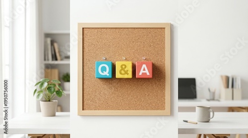 Q&A session in the Workspace: Conceptual illustration of three letter cubes spelling Q&A (Questions and Answers), displayed on a corkboard in a workspace with a desk, books, and a plant.