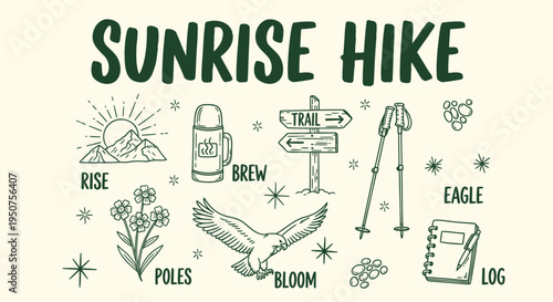 Set of 10 hiking icons vector, green illustrations