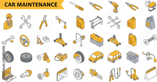 Isometric car maintenance vector icon set featuring mechanic tools repair equipment engine oil tires and automotive service shop, 17 words.