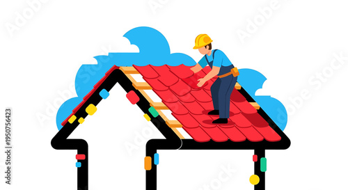 Flat vector illustration of a roofer in construction on house roof with tool belt and Christmas lights showing red shingles and work attire in professional roofing environment