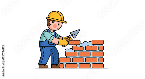 Cartoon Construction Worker Applying Mortar to Red Brick Wall Using Trowel in Mid-Build Phase on White Background Illustration with Tools and Partial Wall Structure