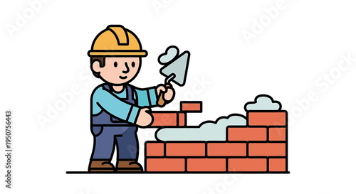 Construction Worker Using Trowel to Apply Mortar to Brick Wall in Digital Illustration of Construction Site and Labor Industry