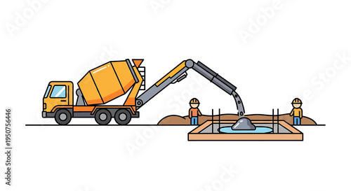 Construction Site Collaboration with Cement Mixer and Excavator Pouring Concrete into a Hole Featuring Workers in a Vibrant Cartoon Illustration