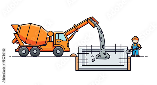 Cartoon Cement Mixer Truck Pouring Concrete Into Foundation Construction Site With Worker Rebar Grid Industrial Equipment Illustration