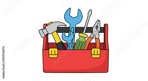 Vibrant Cartoon Red Toolbox with Yellow Latches, Black Handle, and Assorted Tools (Hammer, Wrench, Screwdriver) for Construction and DIY Projects on Clean Background