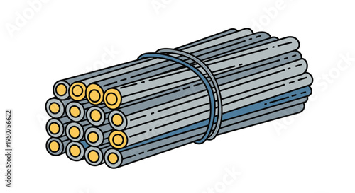 Flat Vector Illustration of Steel Rebar Bundle with Yellow Ends Tied by Metal Wires for Construction Engineering and Structural Design Applications