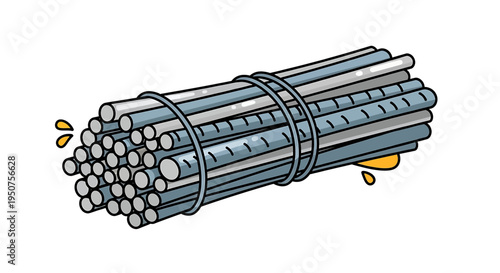 Flat Vector Illustration of Steel Reinforcement for Construction Projects - Cartoon Style with Sparks Showing Recent Welding on White Background