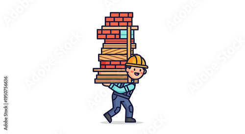 Construction Laborer with Stack of Wooden Planks and Red Bricks Illustration Cartoon Character in Hard Hat Carrying Materials