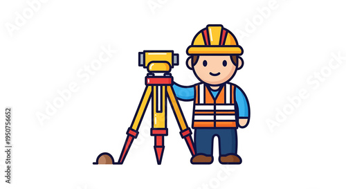 Professional Construction Worker Surveying with Yellow Instrument Illustration in Blue Safety Gear and Red Tripod