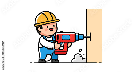 Cartoon Construction Worker Drilling Wall Illustration With Red Drill, Blue Handle, Silver Bit, Yellow Hard Hat, Blue Overalls, Playful Scene