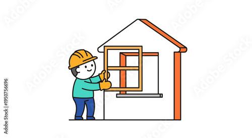 Construction worker installing modern window frame in house outline for renovation project line drawing