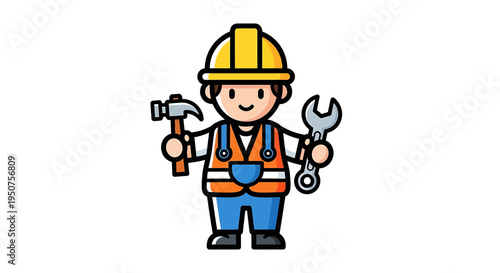 Cheerful Cartoon Construction Worker Illustration with Safety Gear, Tools, and Vibrant Colors in Minimalist Style