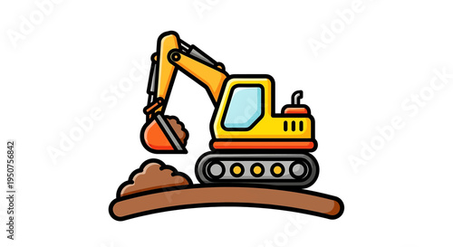 Cartoon Excavator Scooping Dirt Bucket During Construction Site Activity with Orange Bucket and Brown Soil in Yellow Machine, Industrial Digging Equipment in Action