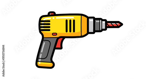 Cartoon cordless drill in horizontal orientation with spiral bit, yellow vented body, red trigger handle for DIY construction tools and manuals on plain backdrop