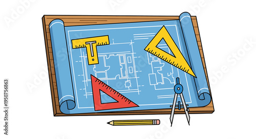 Vibrant Flat Vector Illustration of Architectural Blueprint Featuring Construction Tools - T-Square, Triangle, Protractor, Compass, Pencil on Grid Design for Engineering & Modern Architecture