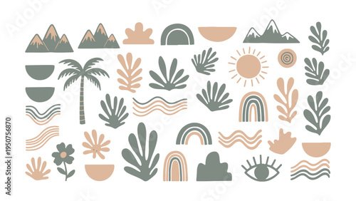 Large collection of abstract boho graphic elements, Matisse inspired organic shapes, botanical leaves, sun, rainbow and evil eye in pastel earthy colors, hand drawn flat vector isolated on white