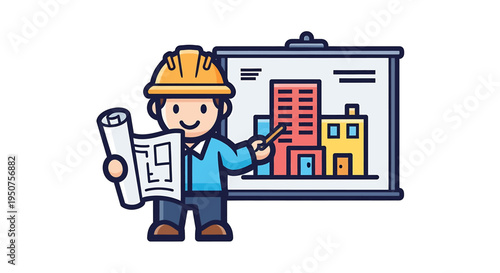 Flat vector illustration of a construction worker holding blueprints and gesturing toward a presentation board featuring building designs in an industrial project meeting.