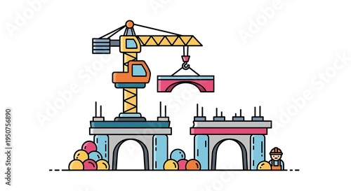 Flat Vector Illustration of Colorful Construction Site Featuring Crane, Workers, and Two Buildings in Development Stages for Industry Design in Vibrant Cartoon Style