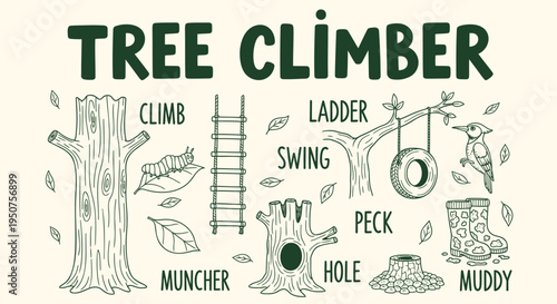 Set of 8 tree climbing vector icons and illustrations