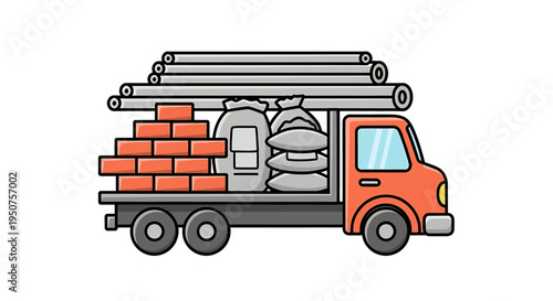 Flat Vector Illustration of Orange Construction Truck with Steel Pipes, Red Bricks, and Gray Bags on Flatbed in Cartoon Style