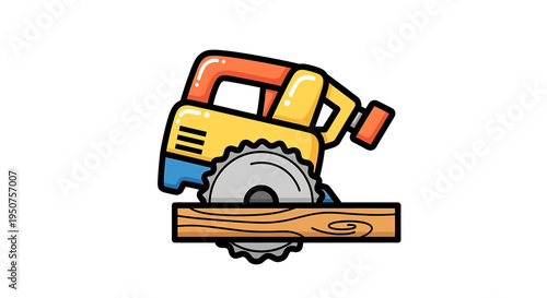 Circular Saw in Action Cutting Wood for Construction Projects Cartoon Illustration
