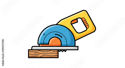 Construction Circular Saw Illustration Cutting Wood with Yellow Body, Orange Blade, and Gray Surface in Action – Cartoon Style