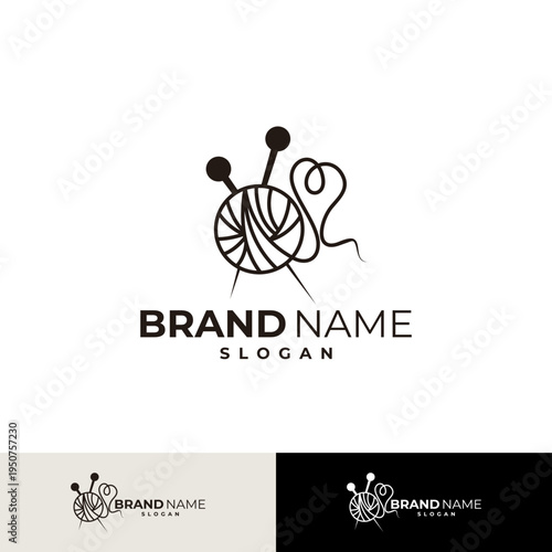 logo of wool yarn and two knitting needles, simple line design template