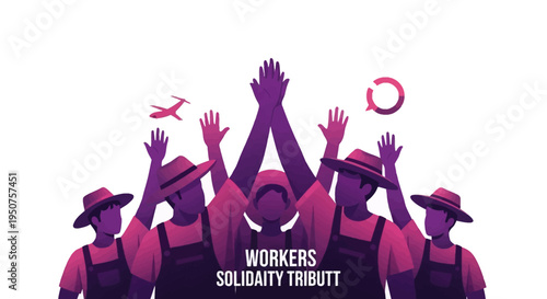 Vector illustration of a group of farm workers standing in solidarity with raised hands in a tribute to Cesar Chavez Day with a silhouette of people in a rice field