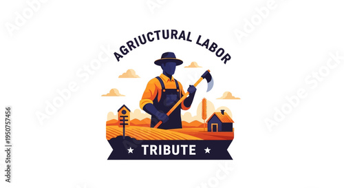 Vector illustration of a farmer standing with an axe in a field, celebrating Cesar Chavez Day with a tribute to agricultural labor and worker solidarity
