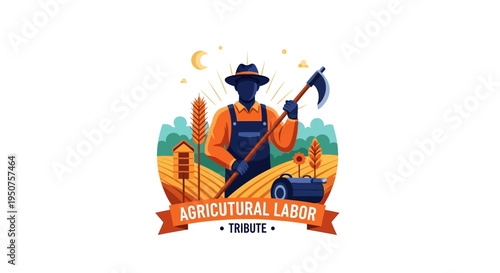 Vector illustration of a farmer standing with a hoe in a field, celebrating Cesar Chavez Day with a tribute to agricultural labor and worker solidarity