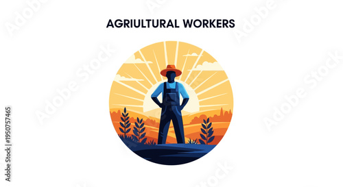Vector illustration of a standing farmer in silhouette against a vibrant orange sunset over rice fields, symbolizing Cesar Chavez Day and worker solidarity with a team in the background