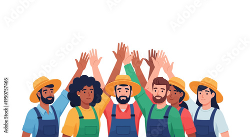 Illustration of diverse farm workers in solidarity with raised hands in a colorful vector design celebrating Cesar Chavez Day and worker rights