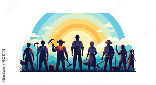 Vector illustration of a group of farm workers standing in solidarity with tools in a field against a vibrant sunrise background celebrating Cesar Chavez Day with a worker solidarity poster