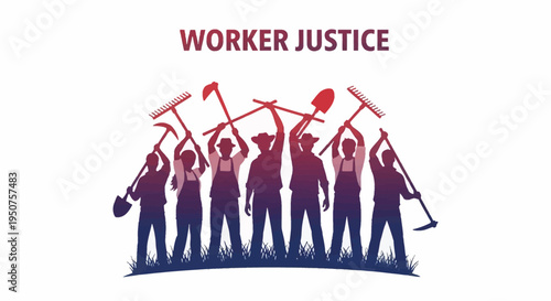 Vector illustration of a group of workers standing in solidarity with raised tools on Cesar Chavez Day, celebrating farm rights and worker justice with a bold design