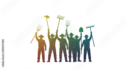 A colorful illustration of a group of farm workers standing united in solidarity, holding various farming tools in a vibrant, celebratory mood