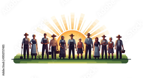Vector illustration of a diverse group of farm workers standing united in solidarity with a bright sun rising behind them, celebrating Cesar Chavez Day with a sense of teamwork