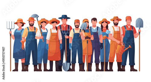 Illustration of a diverse group of farm workers and farmers standing together in solidarity with tools, celebrating Cesar Chavez Day with a tribute to worker rights and teamwork in fields