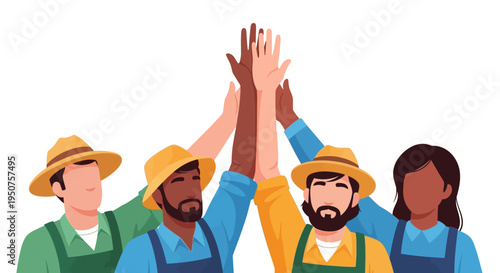Vector illustration of a diverse group of farm workers celebrating Cesar Chavez Day with a solidarity gesture in a colorful design