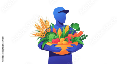 A blue silhouette of a farmer holding a basket of colorful vegetables and grains on Cesar Chavez Day, symbolizing worker solidarity and farm rights workers tribute