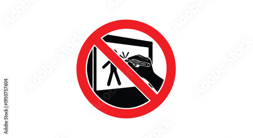 Flat design illustration of a red circle with a line through a silhouette of a person looking at a smartphone screen on a white background.