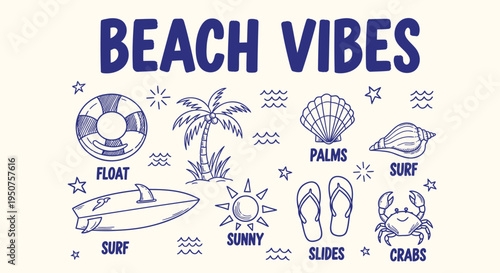 Set of 11 beach icons vector, Beach Vibes theme