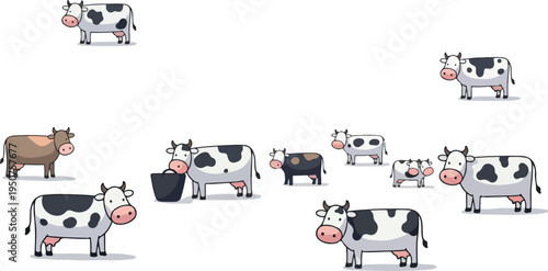 Pixel Art Cows Grazing on White Background Minimalist Illustration