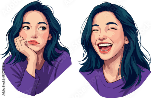 Pixel Art Portrait Young Woman Smiling Pensive Purple Shirt