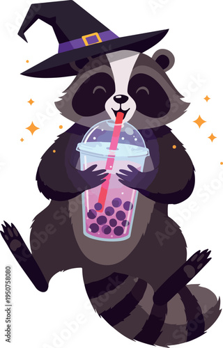 Pixel Art Raccoon Witch Drinks Boba Tea Isolated Object