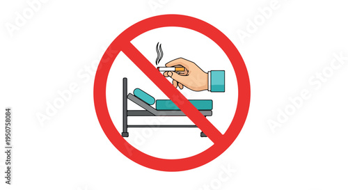 No smoking in bed sign with a red circle and diagonal line on a white background.