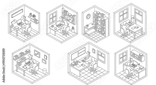 Set of 6 isometric office interior illustrations vector