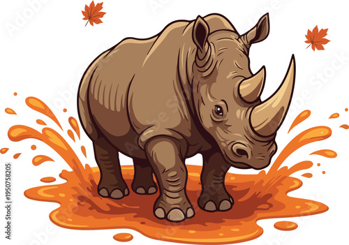 Pixel Art Rhinoceros In Mud Splash Isolated White Background Autumn Leaves